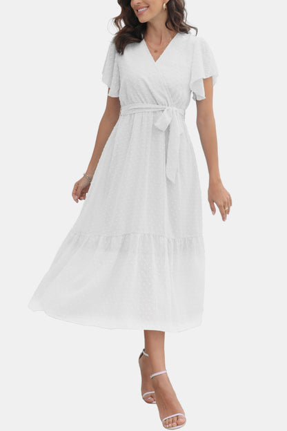 Surplice Neck Flutter Sleeve Tied Dress-Angel Casuals