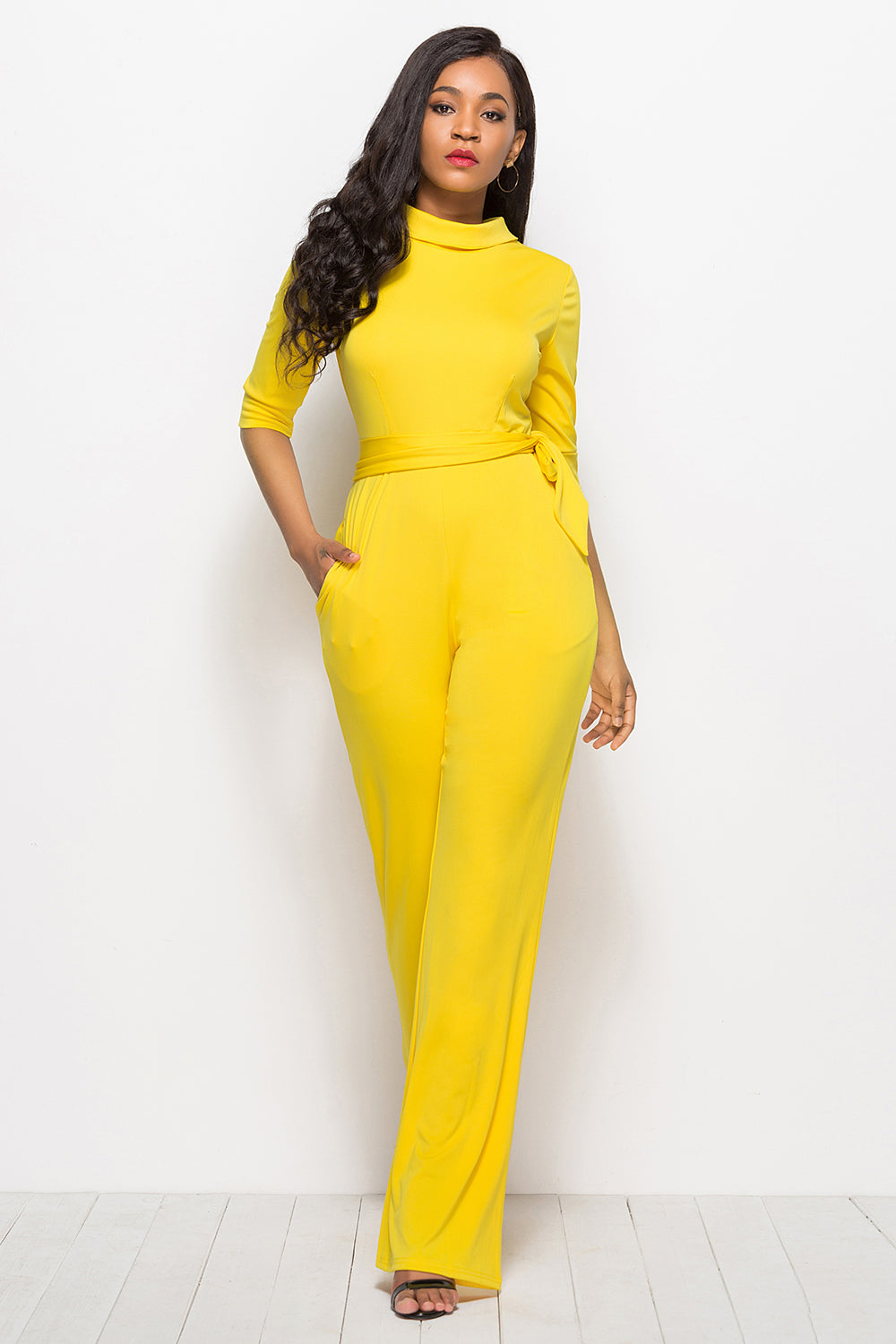 Mock Neck Tie-Waist Half Sleeve Jumpsuit-Angel Casuals