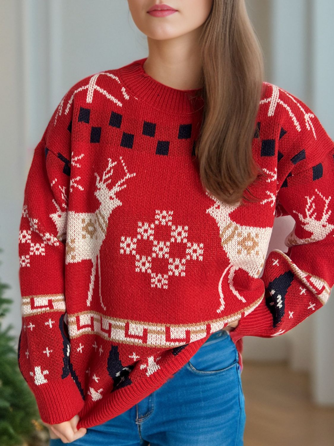 Christmas Element Round Neck Long Sleeve Sweater-Angel Casuals