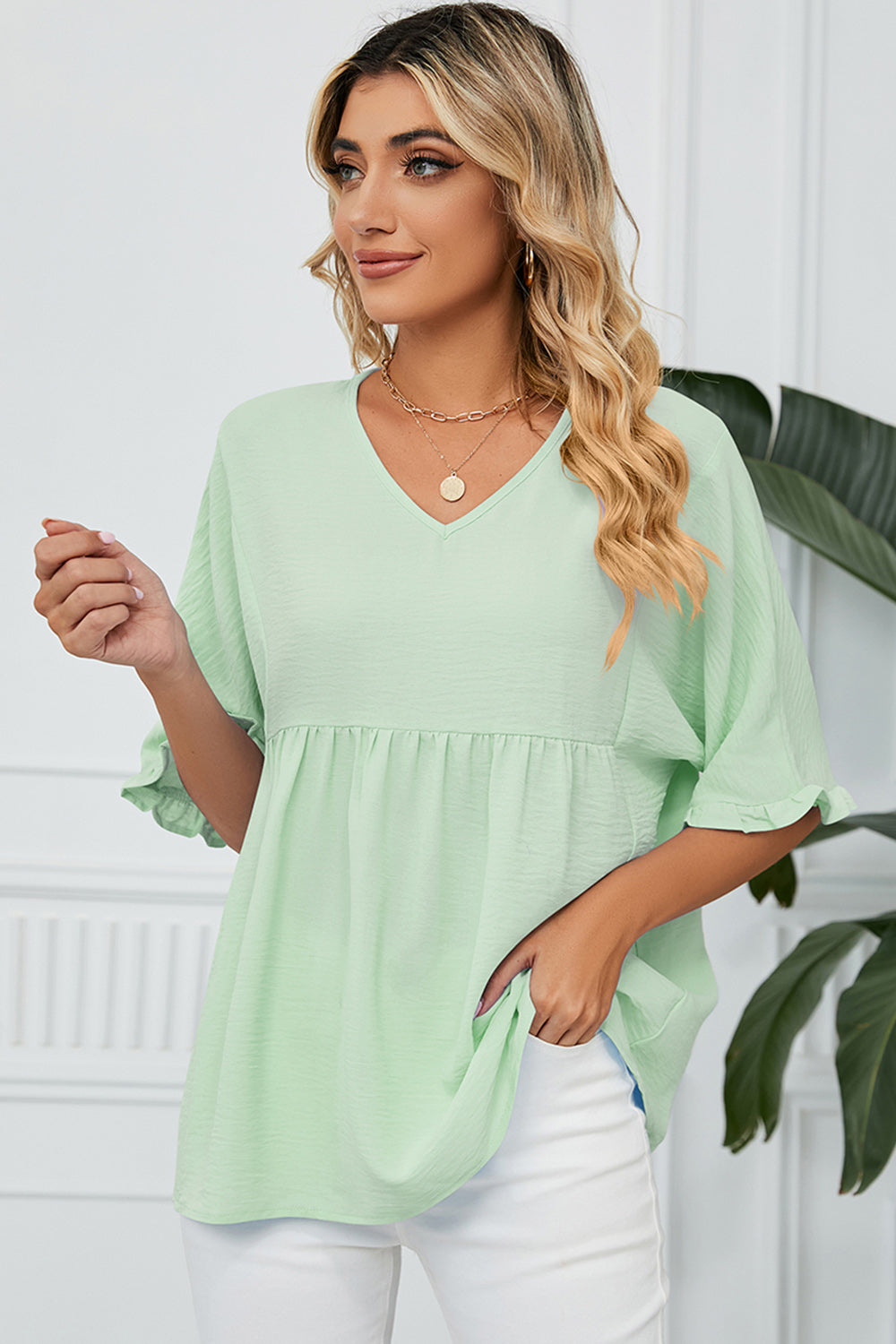 Peplum V-Neck Half Sleeve T-Shirt-Angel Casuals