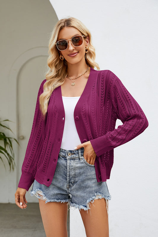 Openwork Button Front V-Neck Cardigan-Angel Casuals