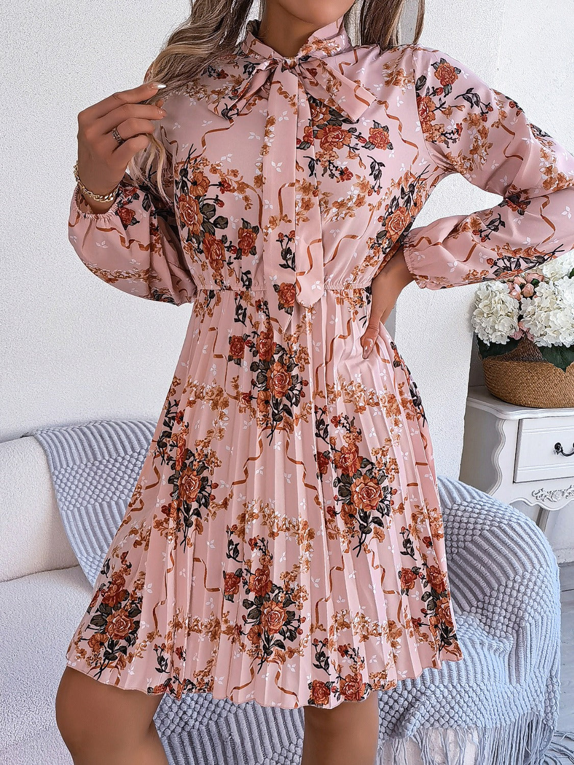 Pleated Printed Tie Neck Long Sleeve Dress-Angel Casuals