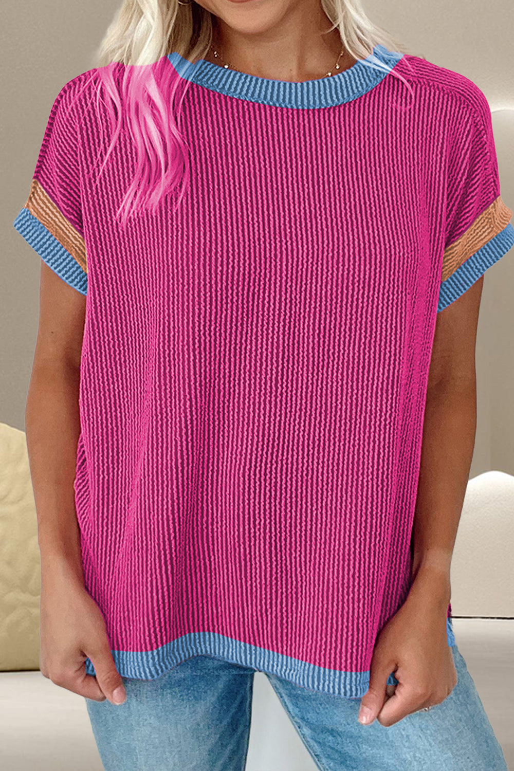 Color Block Round Neck Cap Sleeve T-Shirt-Angel Casuals