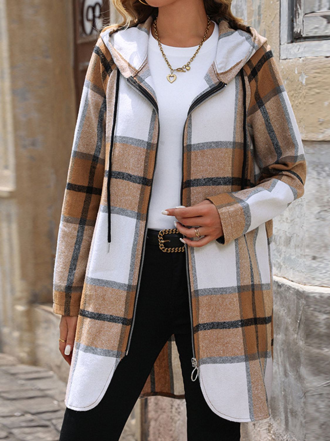 Drawstring Plaid Zip Up Long Sleeve Hooded Outerwear-Angel Casuals