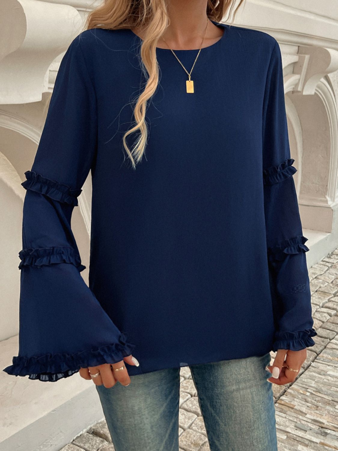 Devine Frill Round Neck Long Sleeve Top-Angel Casuals