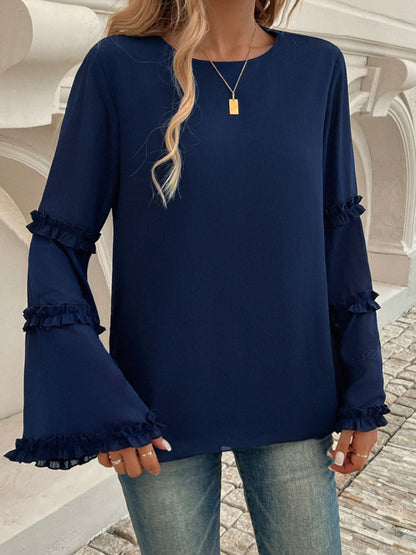 Devine Frill Round Neck Long Sleeve Top-Angel Casuals
