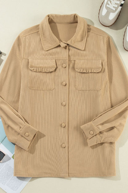 Frill Button Up Long Sleeve Shacket-Angel Casuals
