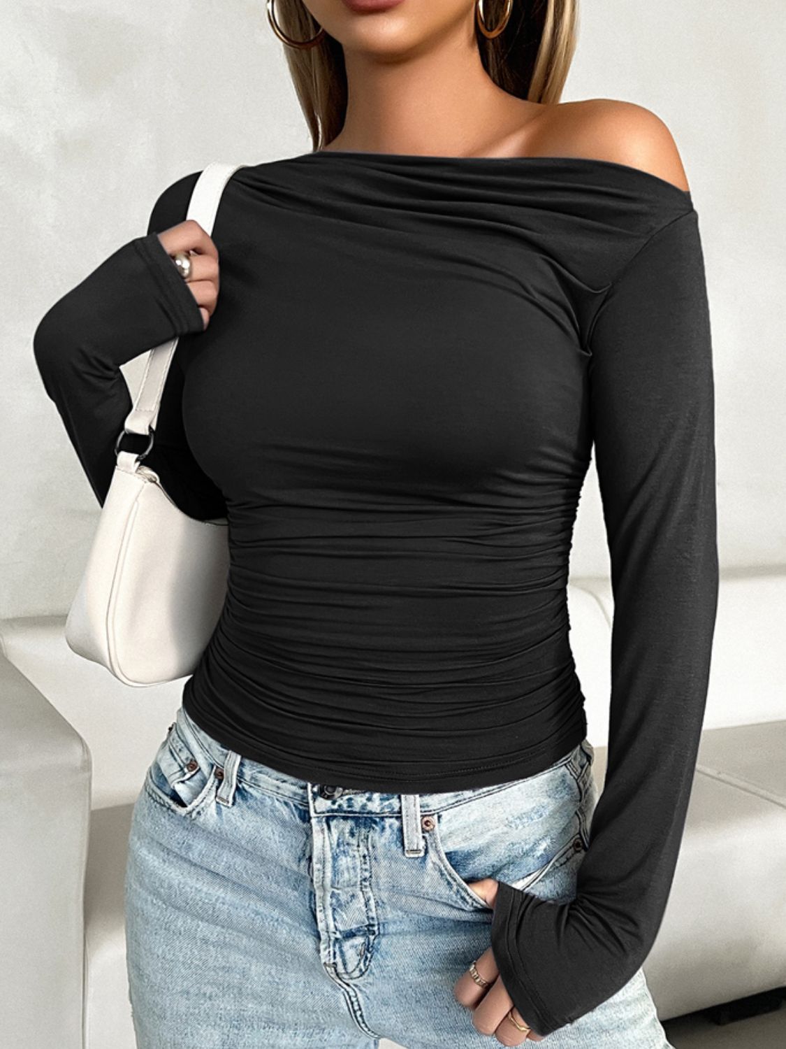 Devine Ruched One Shoulder Long Sleeve T-Shirt-Angel Casuals