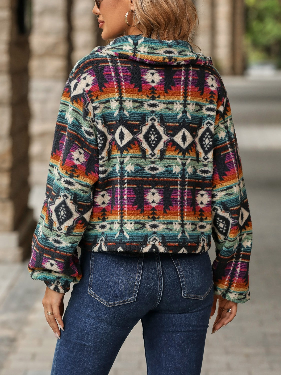 Geometric Dropped Shoulder Balloon Sleeve Outerwear-Angel Casuals