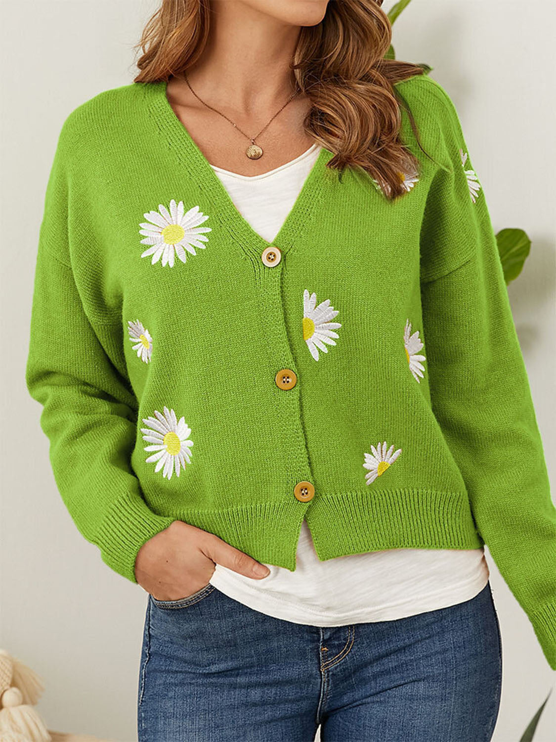 Flower Button Front Dropped Shoulder Cardigan-Angel Casuals