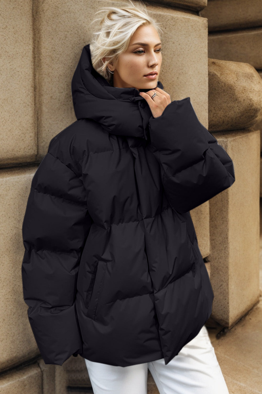 Pocketed Zip Up Hooded Puffer Jacket-Angel Casuals