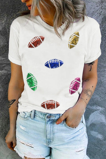 Sequin Football Round Neck Short Sleeve T-Shirt-Angel Casuals