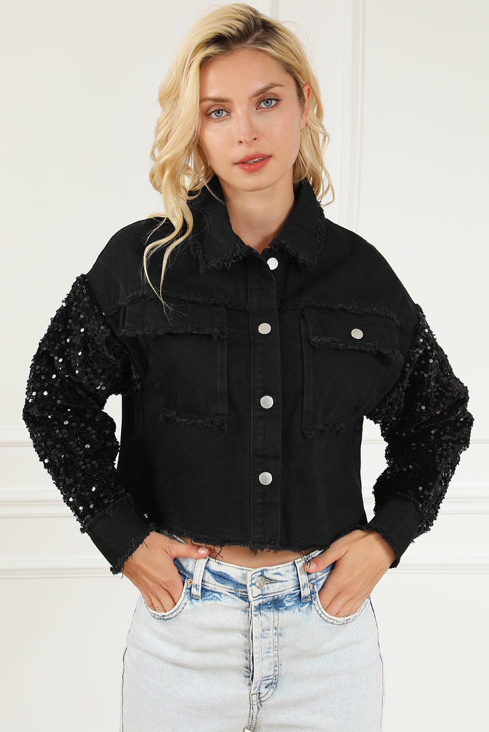 Sequin Button Up Raw Hem Denim Jacket-Angel Casuals