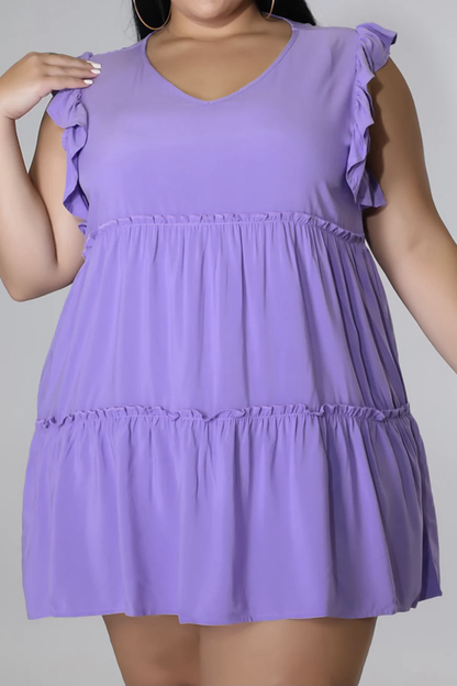 Plus Size V-Neck Frill Trim Mini Dress-Angel Casuals