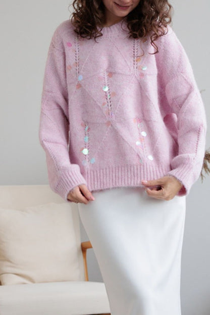 Sequin Round Neck Long Sleeve Sweater-Angel Casuals