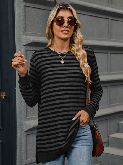 Striped Round Neck Long Sleeve T-Shirt-Angel Casuals