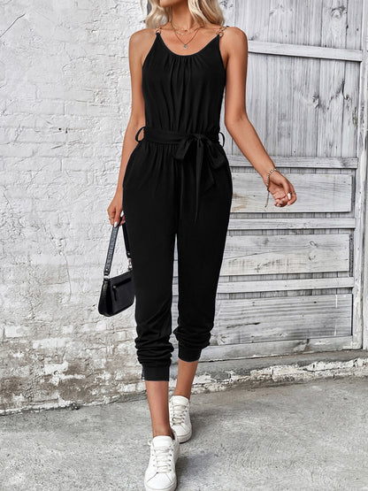 Scoop Neck Tie Waist Jumpsuit-Angel Casuals