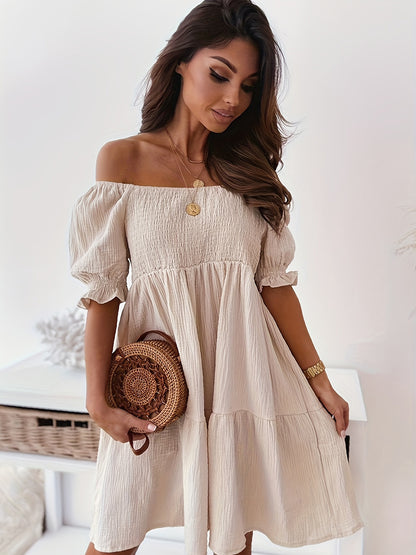 Full Size Ruffled Off-Shoulder Short Sleeve Dress-Angel Casuals