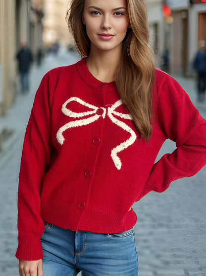 Bow Button Down Round Neck Cardigan-Angel Casuals