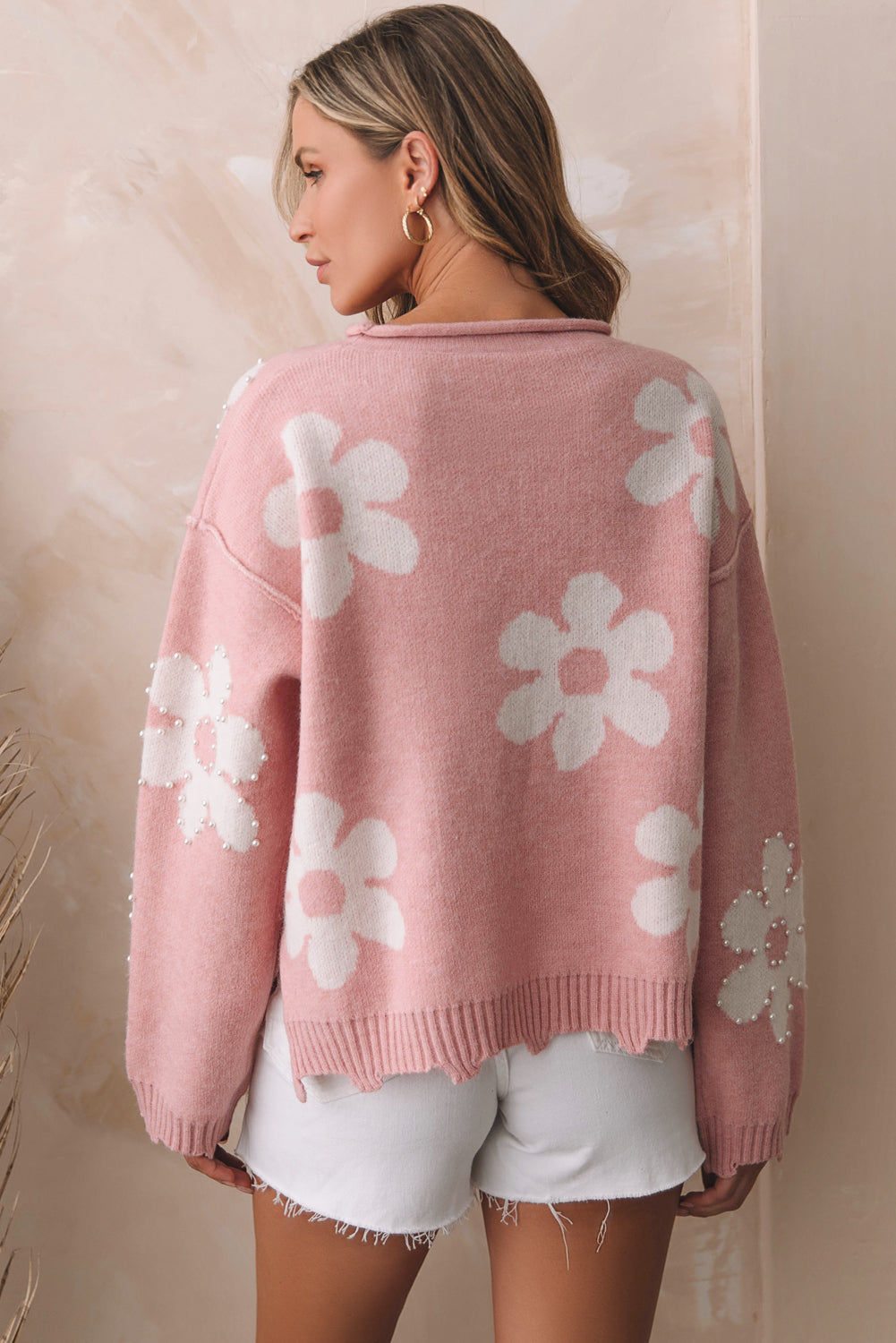 Flower Pattern Pearl Detail Rolled Slit Sweater-Angel Casuals