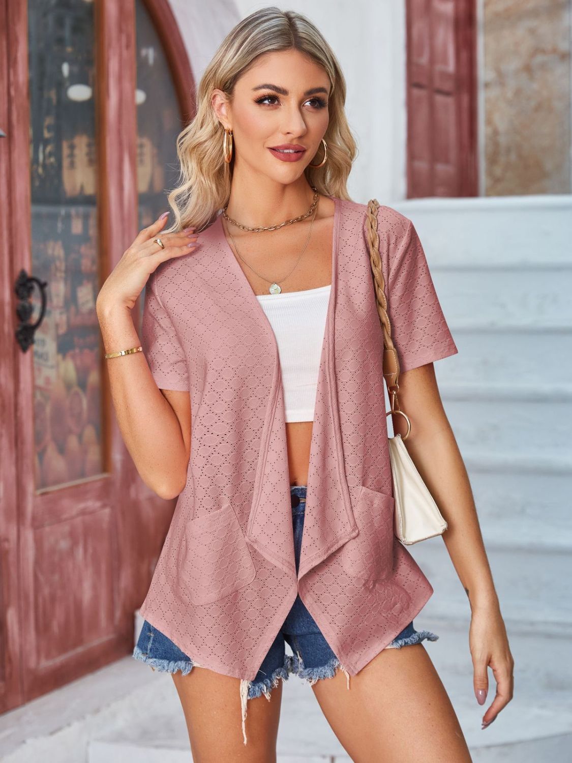 Eyelet Open Front Short Sleeve Cover Up-Angel Casuals