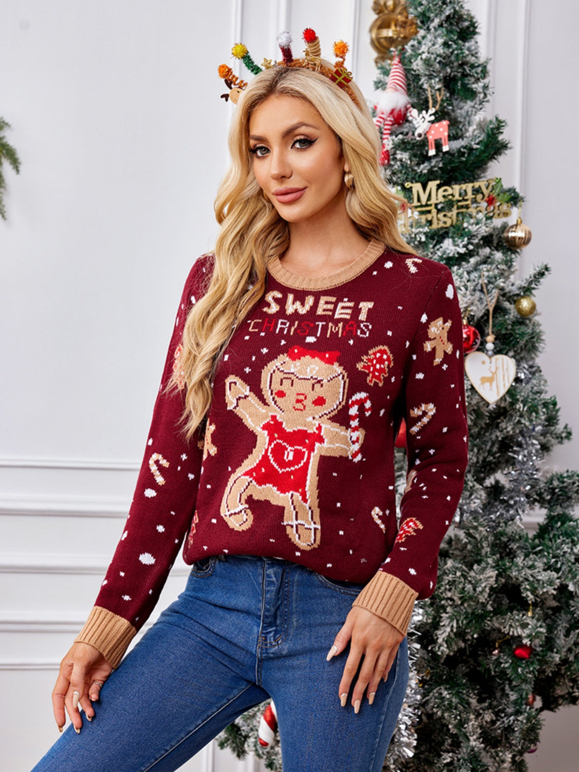 Gingerbread Round Neck Long Sleeve Sweater-Angel Casuals