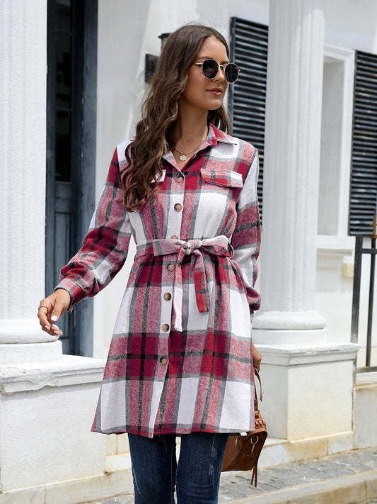 Plaid Belted Collared Neck Button Up Jacket-Angel Casuals