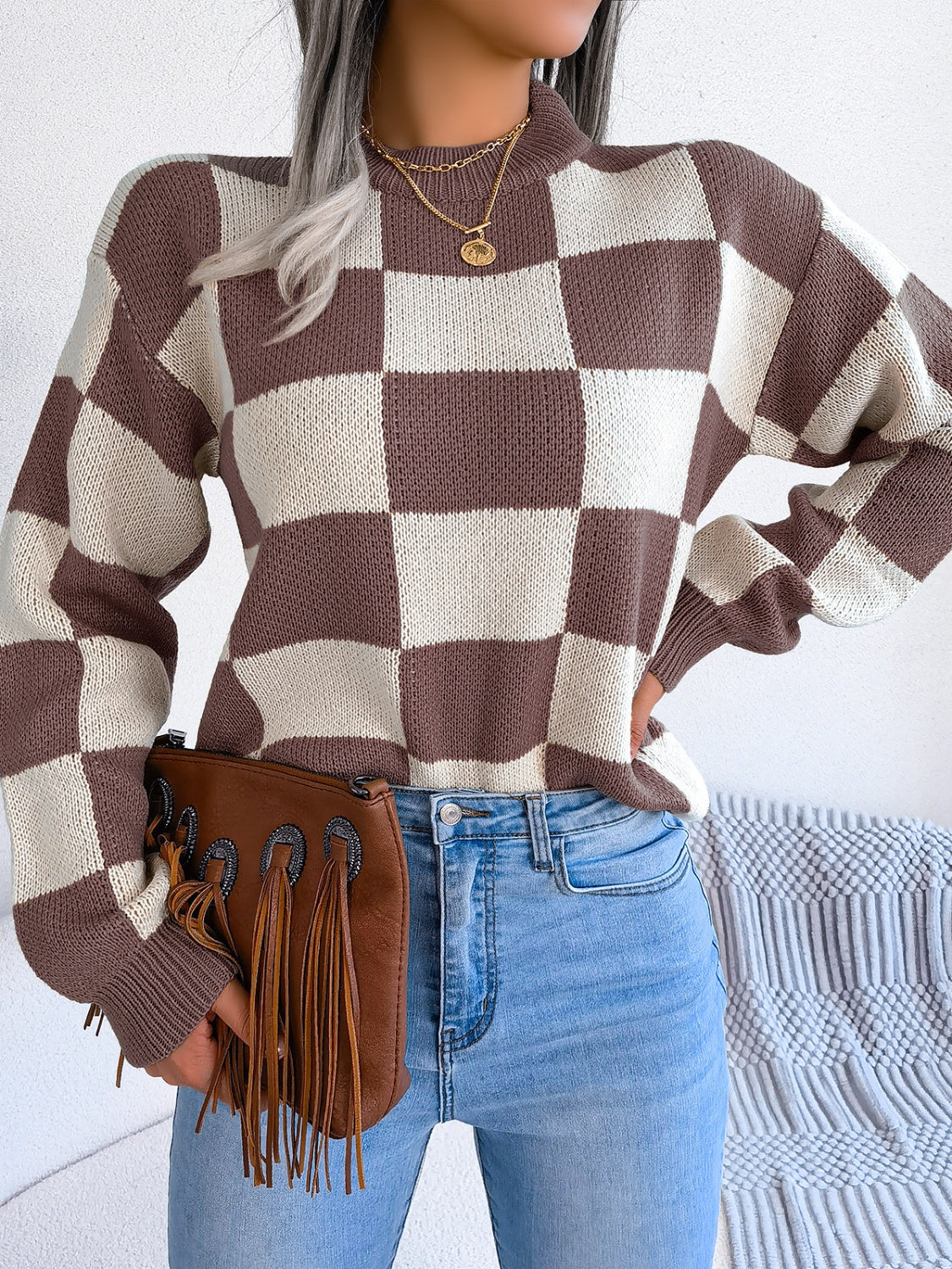 Checkered Mock Neck Long Sleeve Sweater-Angel Casuals