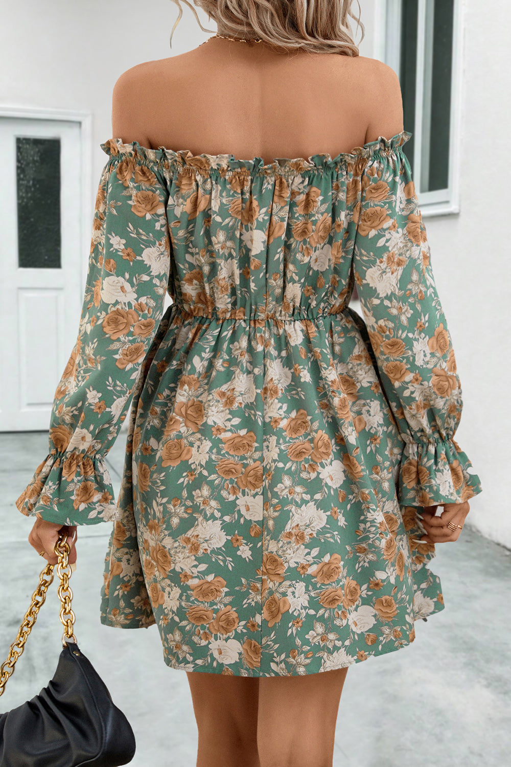 Floral Off-Shoulder Flounce Sleeve Dress-Angel Casuals