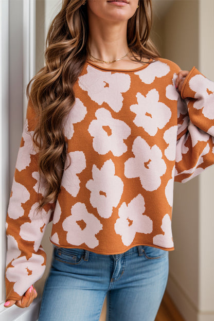 Flower Round Neck Long Sleeve Knit Top-Angel Casuals