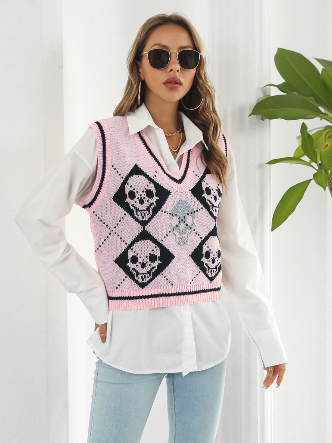 Skull Contrast V-Neck Sweater Vest-Angel Casuals
