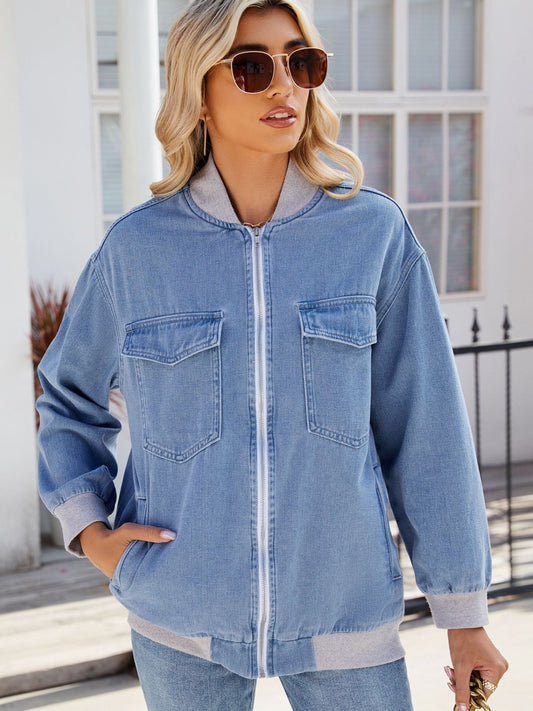 Pocketed Zip Up Baseball Collar Denim Jacket-Angel Casuals