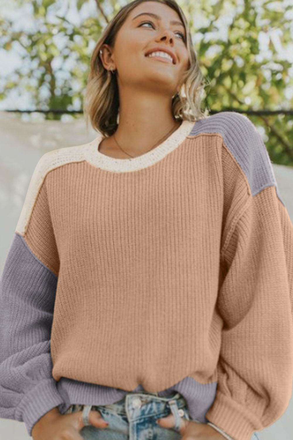 Color Block Round Neck Drop Shoulder Sweater-Angel Casuals