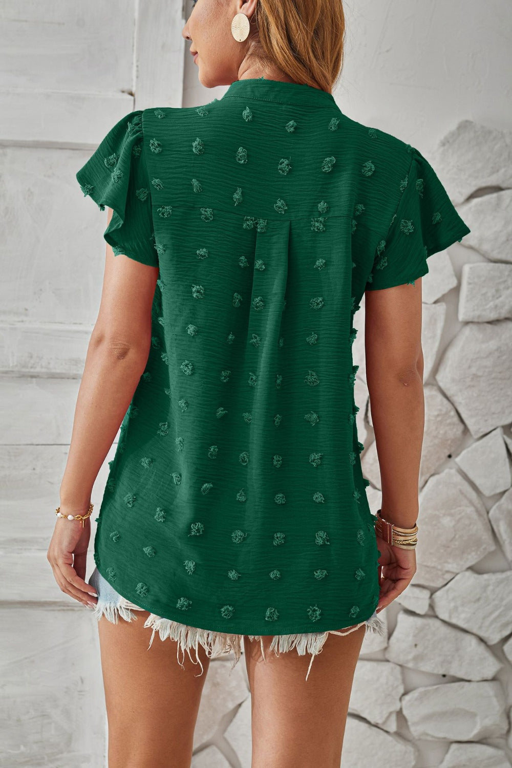 Swiss Dot Notched Cap Sleeve T-Shirt-Angel Casuals