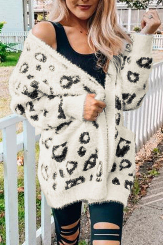 Leopard Open Front Cardigan with Pockets-Angel Casuals