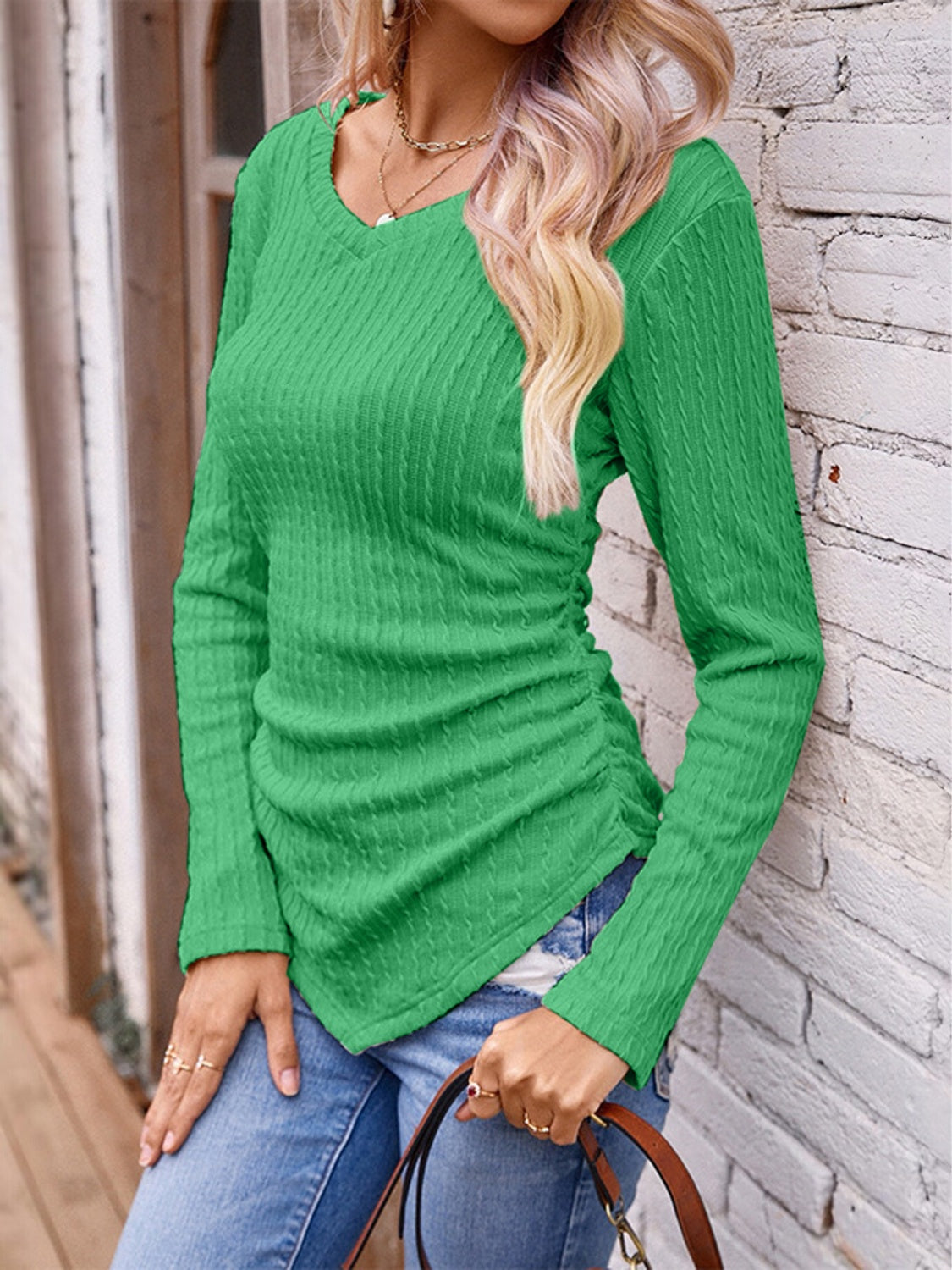 Textured Ruched V-Neck Long Sleeve T-Shirt-Angel Casuals
