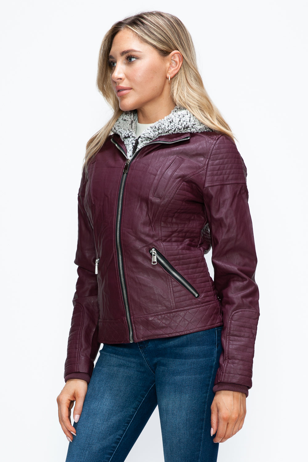 YMI Faux Layered Double-Zipper Jacket with Fuzzy Hood-Angel Casuals