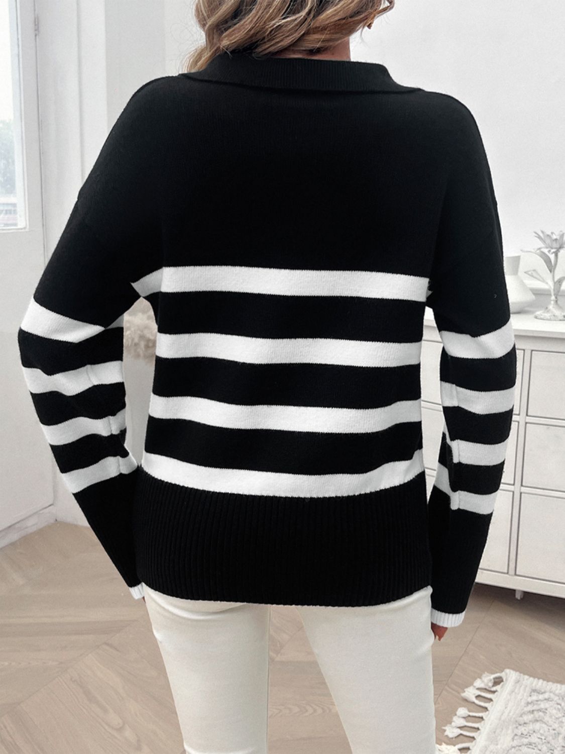 Devine Striped Collared Neck Long Sleeve Sweater-Angel Casuals