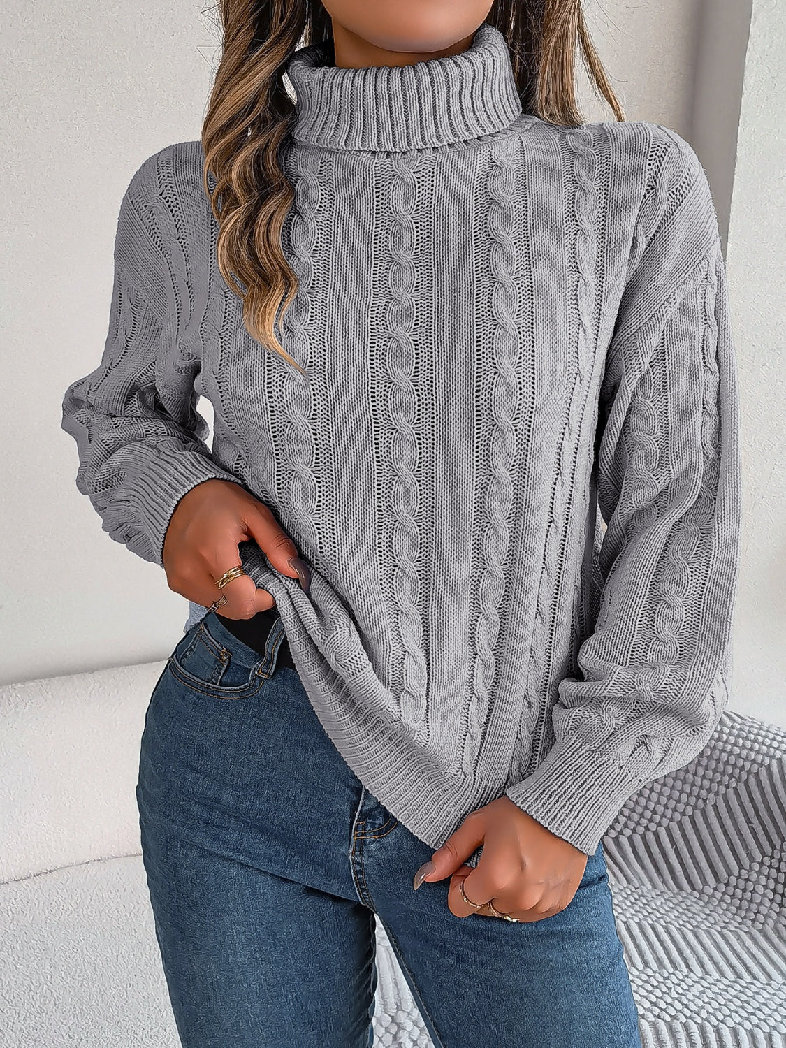 Cable-Knit Turtleneck Dropped Shoulder Sweater-Angel Casuals