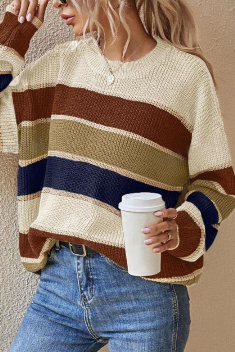 Contrast Striped Round Neck Long Sleeve Sweater-Angel Casuals