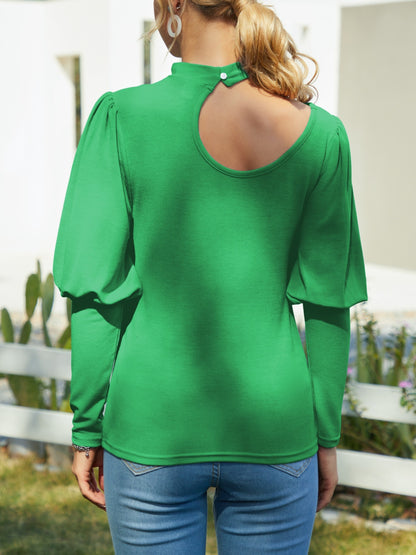 FAM-FAM Cutout Mock Neck Long Sleeve T-Shirt-Angel Casuals