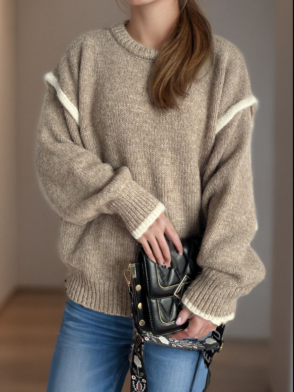 Contrast Trim Round Neck Dropped Shoulder Sweater-Angel Casuals