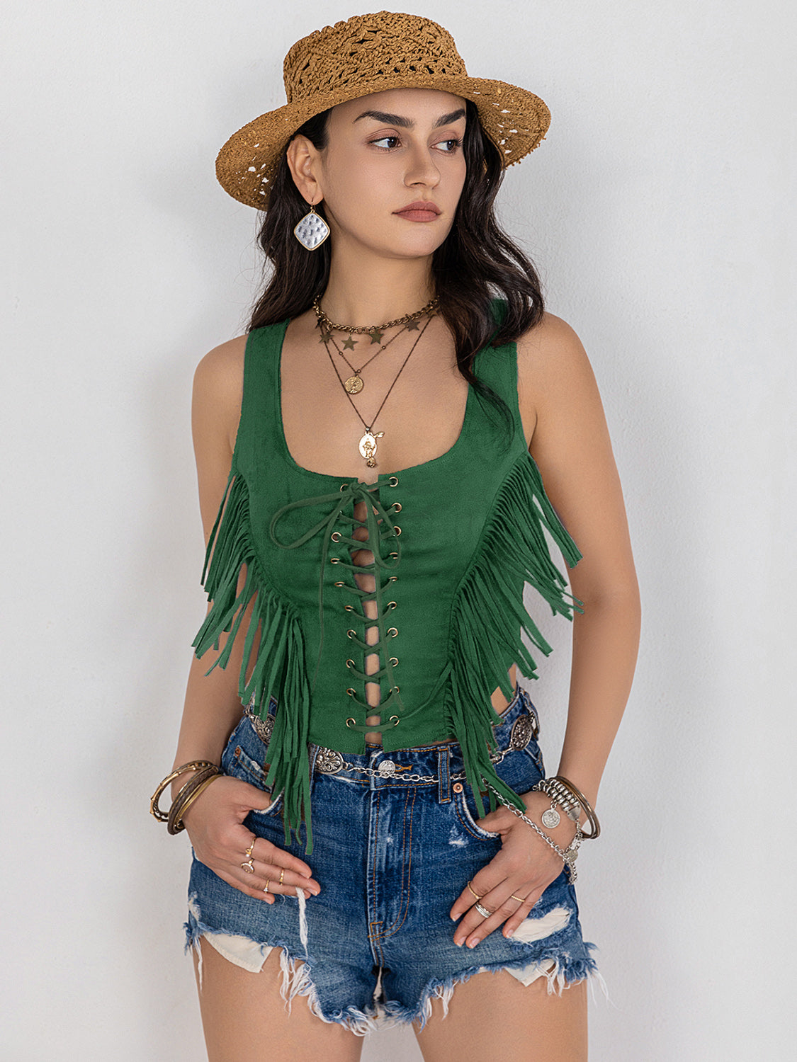 Fringe Lace-Up Wide Strap Tank-Angel Casuals