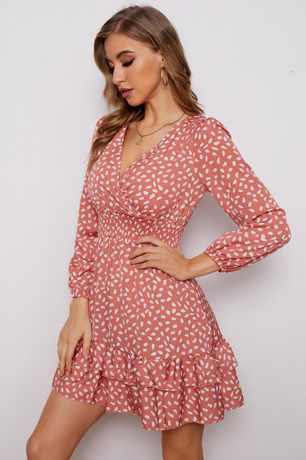 Printed Surplice Neck Puff Sleeve Ruffle Hem Dress-Angel Casuals