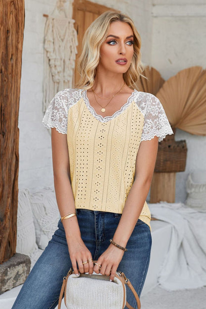 Eyelet V-Neck Lace Short Sleeve T-Shirt-Angel Casuals