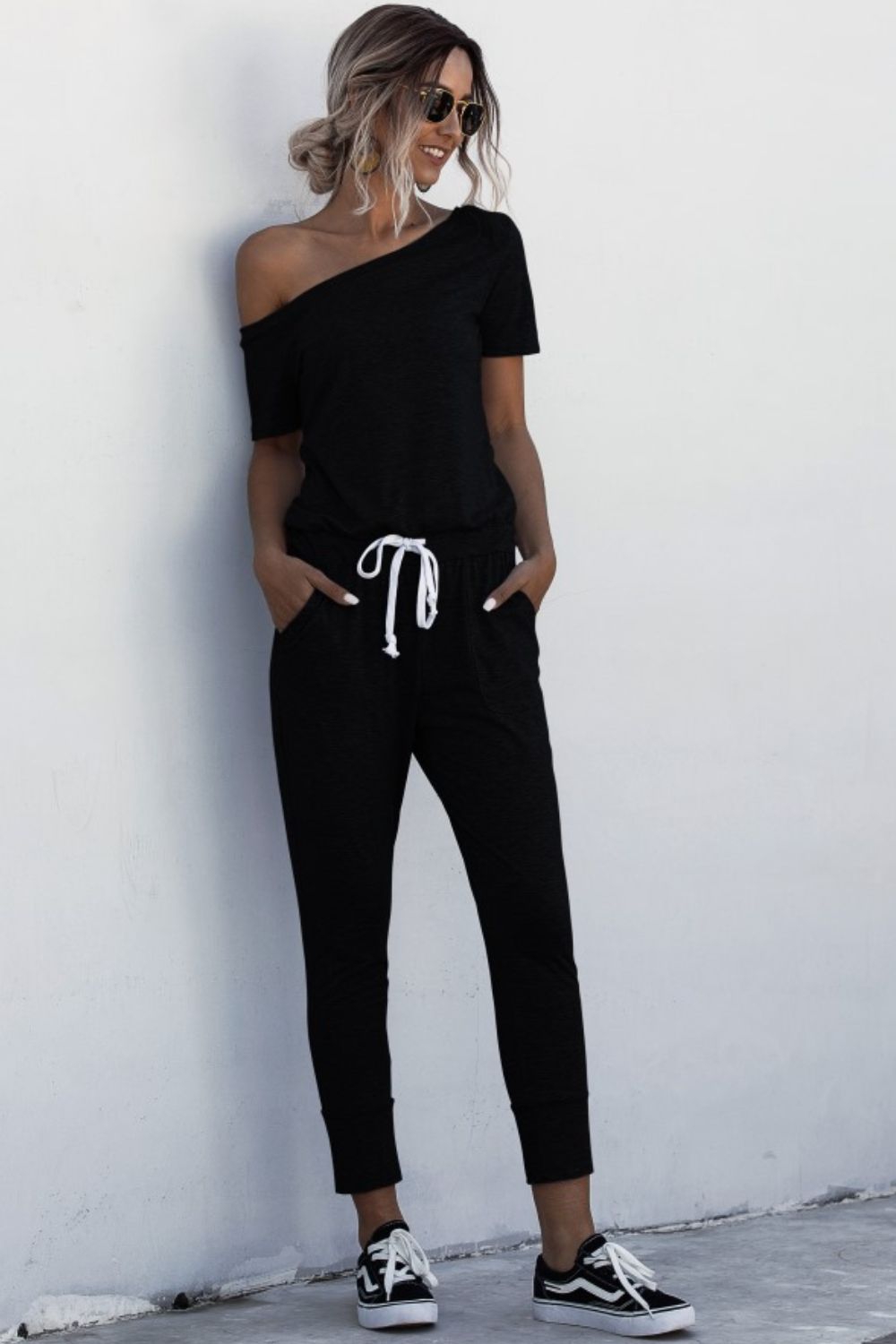 Asymmetrical Neck Tied Jumpsuit with Pockets-Angel Casuals