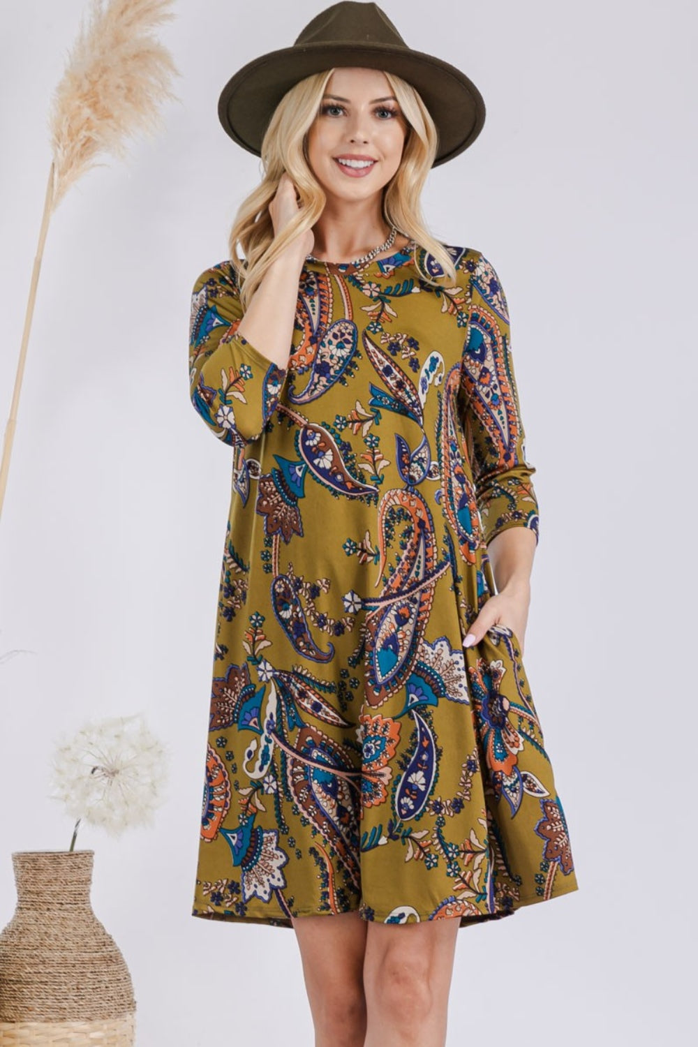 Celeste Full Size Paisley Print Round Neck Dress with Pockets-Angel Casuals