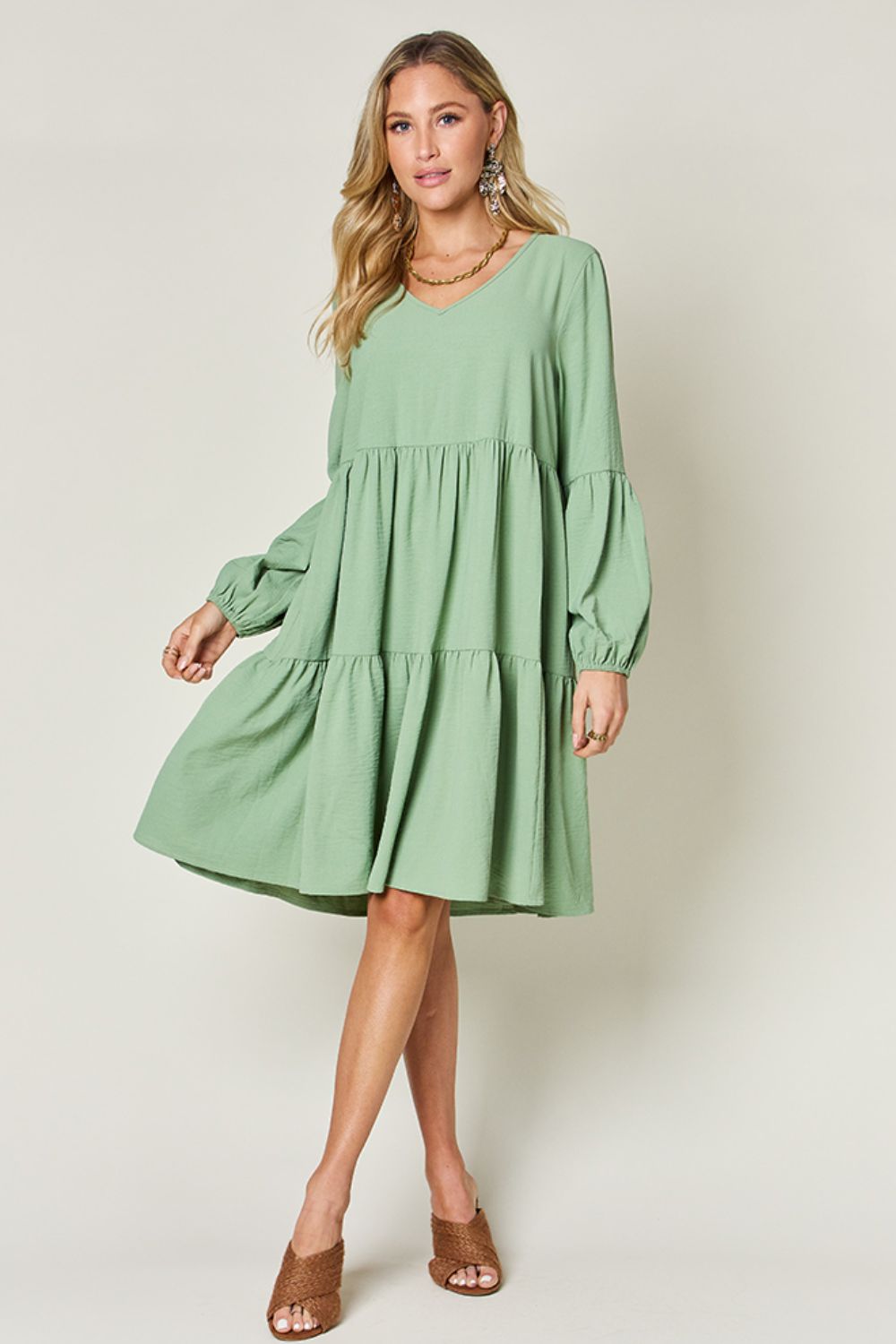 Double Take Full Size V-Neck Balloon Sleeve Tiered Dress-Angel Casuals