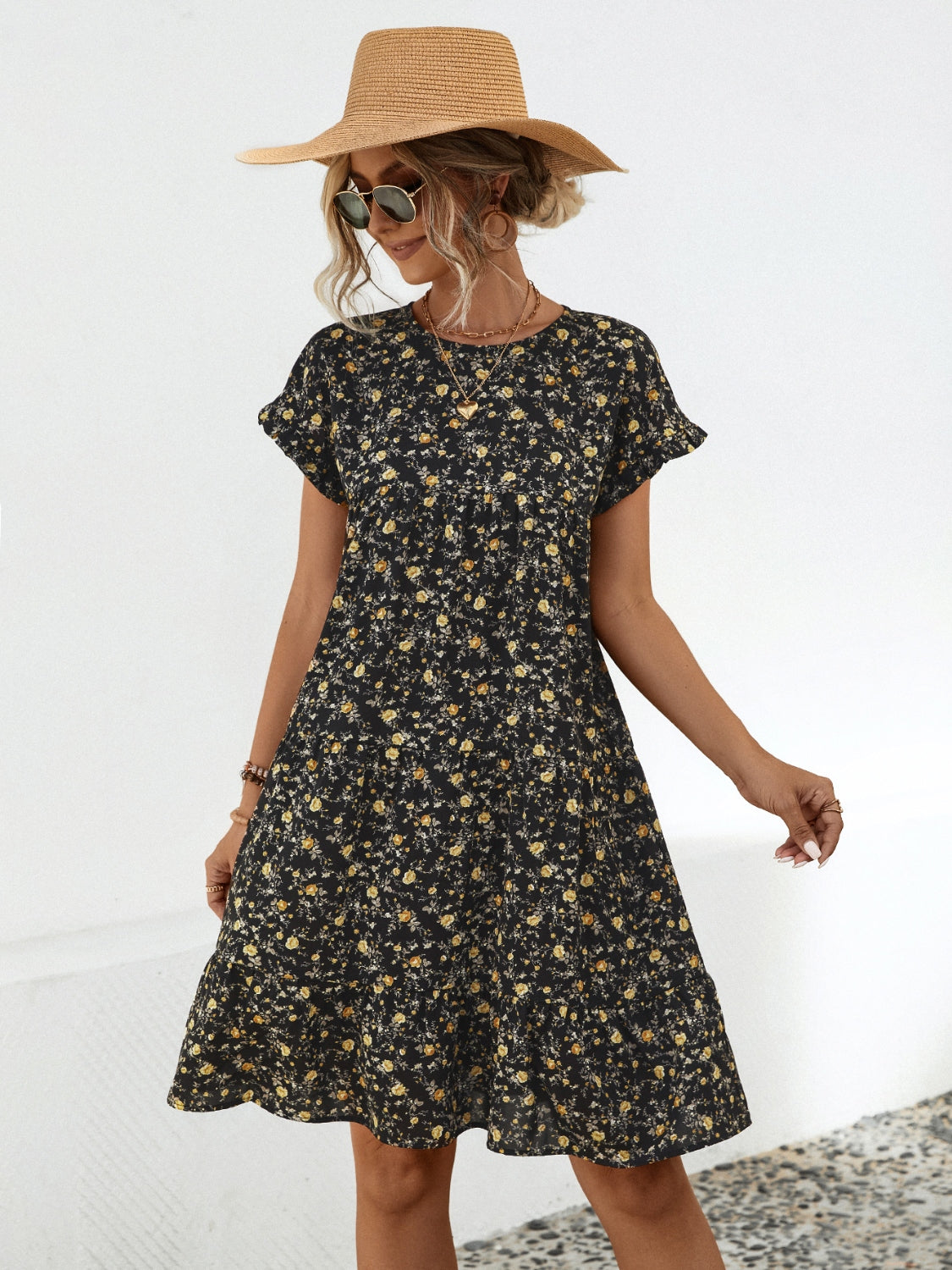 Frill Floral Round Neck Short Sleeve Tiered Dress-Angel Casuals