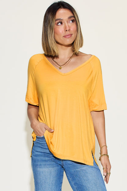Basic Bae Full Size Bamboo Slit V-Neck Short Sleeve T-Shirt-Angel Casuals
